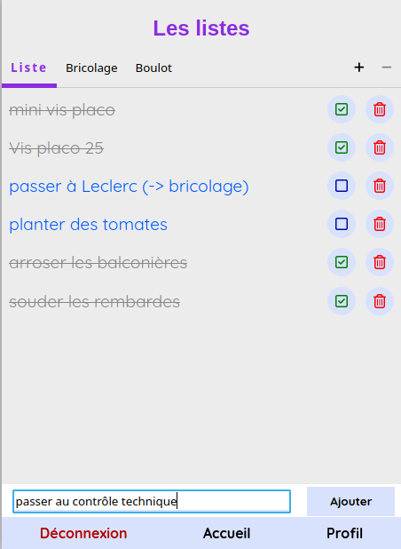 screenshot of shopping list web application